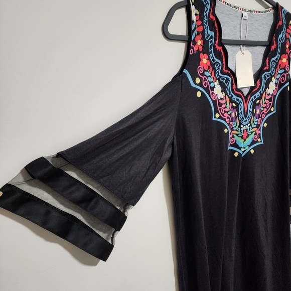 Exclusive Dress Womens Size XXL Black Embroidered Cold Shoulder Boho - Picture 2 of 5